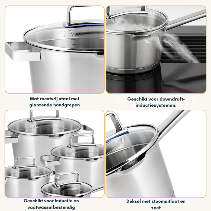 Sola Pannenset Diamond 4-Delig RVS - Downdraft geschikt - Kookpan ø 16, 18, 20 cm & Steelpan ø 16 cm - geschikt voor alle warmtebronnen