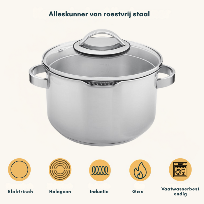 Sola Pannenset Diamond 5-Delig RVS - Downdraft geschikt - Kookpan ø 16, 18, 20, 24 cm & Steelpan ø 16 cm - geschikt voor alle warmtebronnen