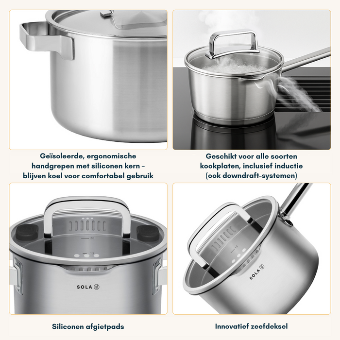 Sola Pannenset Juvia 4-Delig RVS - Downdraft geschikt - Kookpan ø 16, 18, 20 cm & Steelpan ø 16 cm - geschikt voor alle warmtebronnen