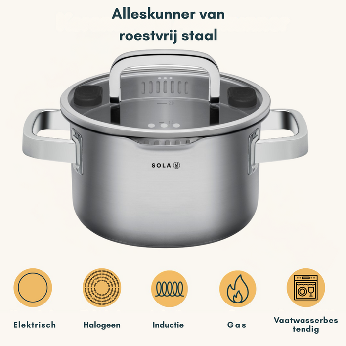 Sola Pannenset Juvia 4-Delig RVS - Downdraft geschikt - Kookpan ø 16, 18, 20 cm & Steelpan ø 16 cm - geschikt voor alle warmtebronnen