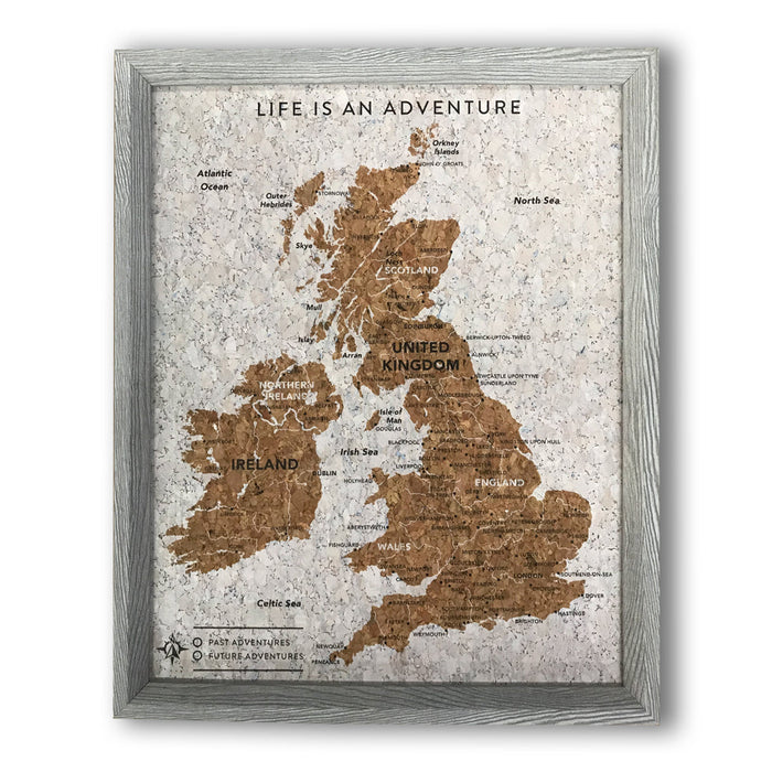 Map of the UK pin board in our brand-new signature grey design. The Splosh Travel Map collection is the ideal way to plan and plot all your visits to countries all across the countries, both past and present. Using the colour-coded metallic pins provided you can reminisce about all your past endeavours with family and friends and create a wish-list for the future with your push pin map.