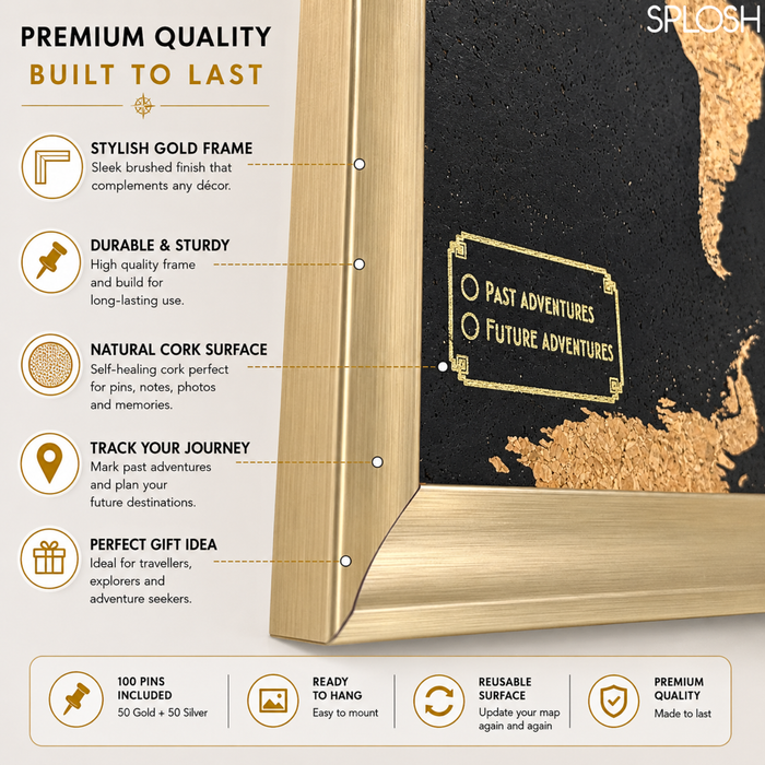 Splosh - Travel Map - World Medium - Black with Gold Frame