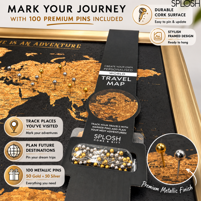Splosh - Travel Map - World Medium - Black with Gold Frame