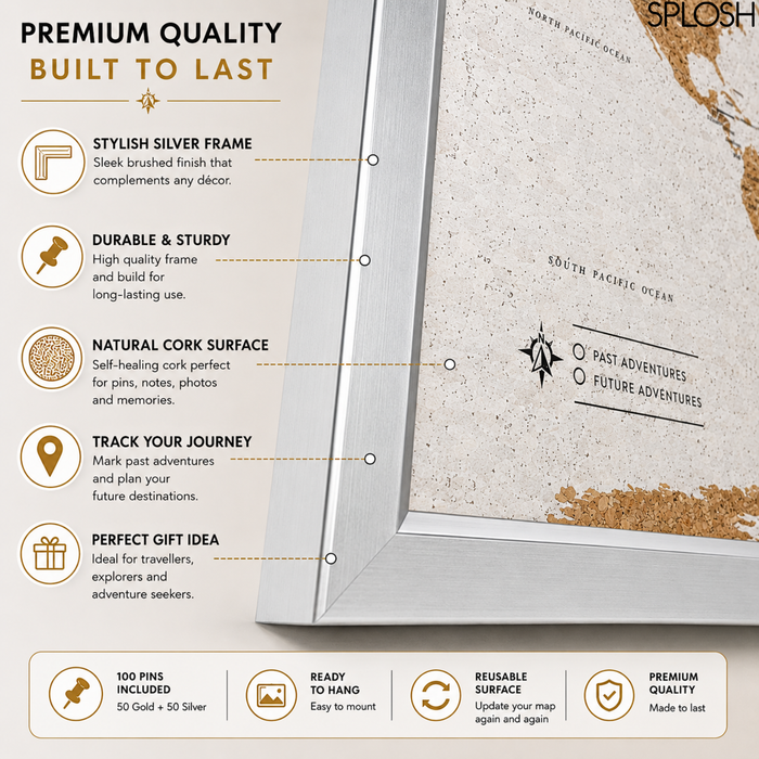Splosh - Travel Map - World Medium - White with Silver Frame