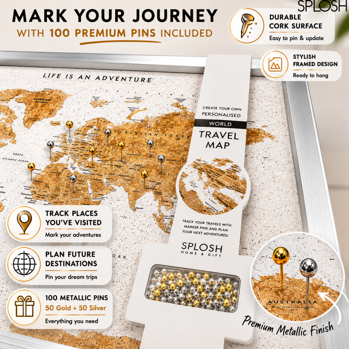 Splosh - Travel Map - World Medium - White with Silver Frame