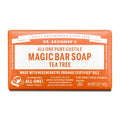 Dr. Bronners Magic Bar Soap, Tea Tree flavor, wrapped in orange and white packaging. It promotes regenerative organic certified oils, fair trade, and is intended for body, face, and hands. Net weight 5 oz140 g [5 oz]
