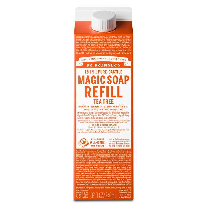 A 32 oz carton labeled Dr. Bronners 18 In 1 Pure Castile Magic Soap Refill Tea Tree stands vertically, featuring detailed text on the orange background, emphasizing its organic, fair trade ingredients [32 oz]