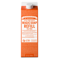 A 32 oz carton labeled Dr. Bronners 18 In 1 Pure Castile Magic Soap Refill Tea Tree stands vertically, featuring detailed text on the orange background, emphasizing its organic, fair trade ingredients [32 oz]