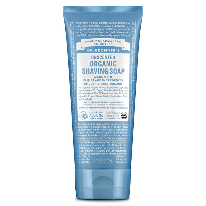 Dr. Bronner’s Unscented Organic Shaving Soap tube in blue and white, featuring organic and fair trade ingredients for a smooth, moisturizing, eco-friendly shave.